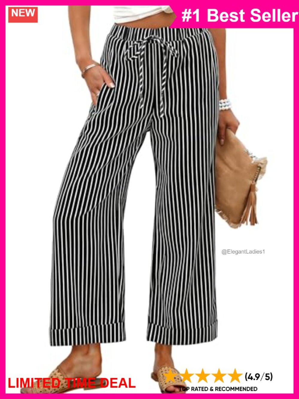Wide Leg Palazzo Pants Elastic Waist Striped Lounge Trousers with Pockets